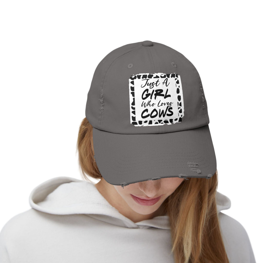 Just a Girl Who Loves Cows Distressed Cap (DTF Print) - Unisex Farm Style Hat - Hats - Positively Sassy - Just a Girl Who Loves Cows Distressed Cap (DTF Print) - Unisex Farm Style Hat