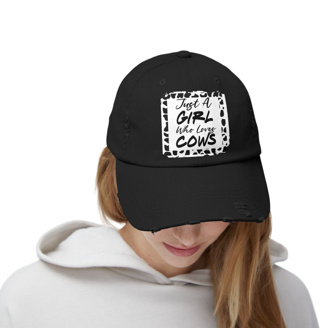 Just a Girl Who Loves Cows Distressed Cap (DTF Print) - Unisex Farm Style Hat - Hats - Positively Sassy - Just a Girl Who Loves Cows Distressed Cap (DTF Print) - Unisex Farm Style Hat