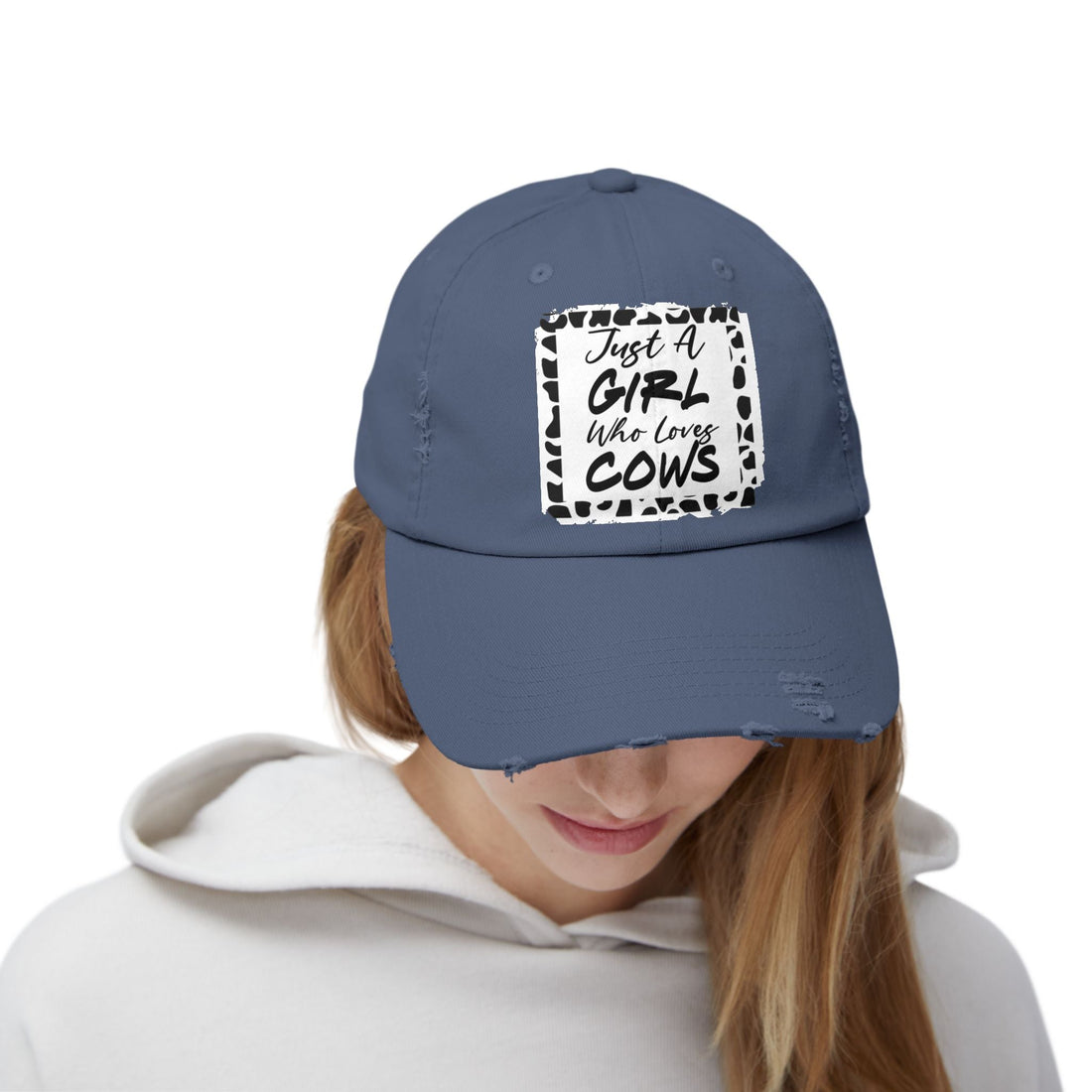 Just a Girl Who Loves Cows Distressed Cap (DTF Print) - Unisex Farm Style Hat - Hats - Positively Sassy - Just a Girl Who Loves Cows Distressed Cap (DTF Print) - Unisex Farm Style Hat