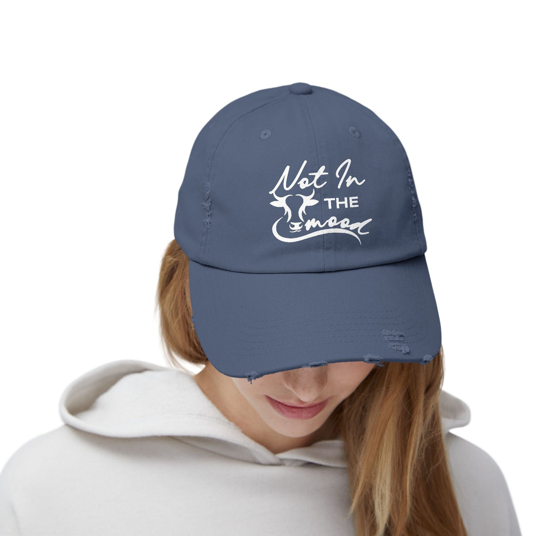 Not In The Mood Unisex Distressed Cap (DTF Print) - Casual Streetwear Hat for Everyday Style - Hats - Positively Sassy - Not In The Mood Unisex Distressed Cap (DTF Print) - Casual Streetwear Hat for Everyday Style