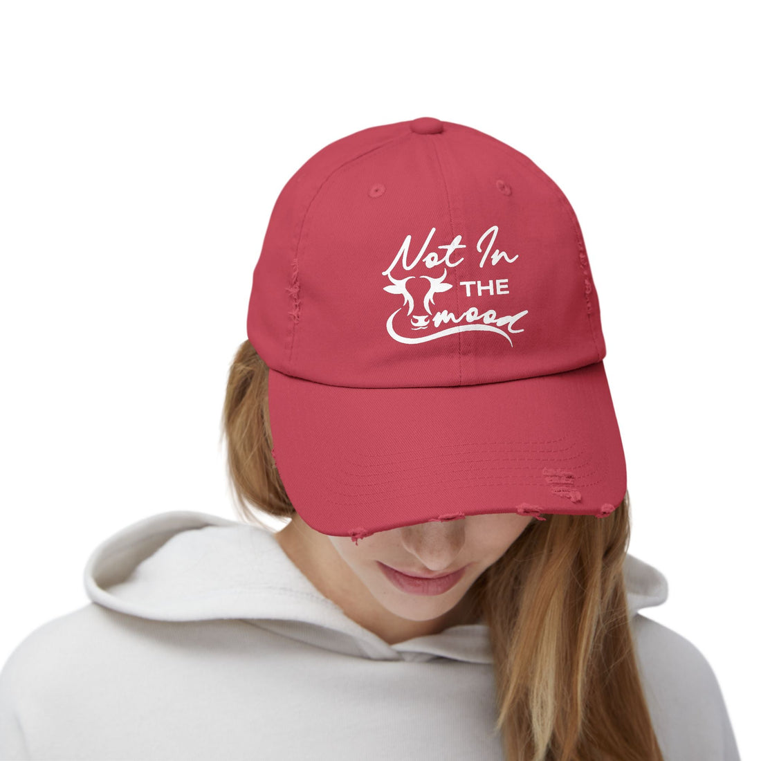 Not In The Mood Unisex Distressed Cap (DTF Print) - Casual Streetwear Hat for Everyday Style - Hats - Positively Sassy - Not In The Mood Unisex Distressed Cap (DTF Print) - Casual Streetwear Hat for Everyday Style