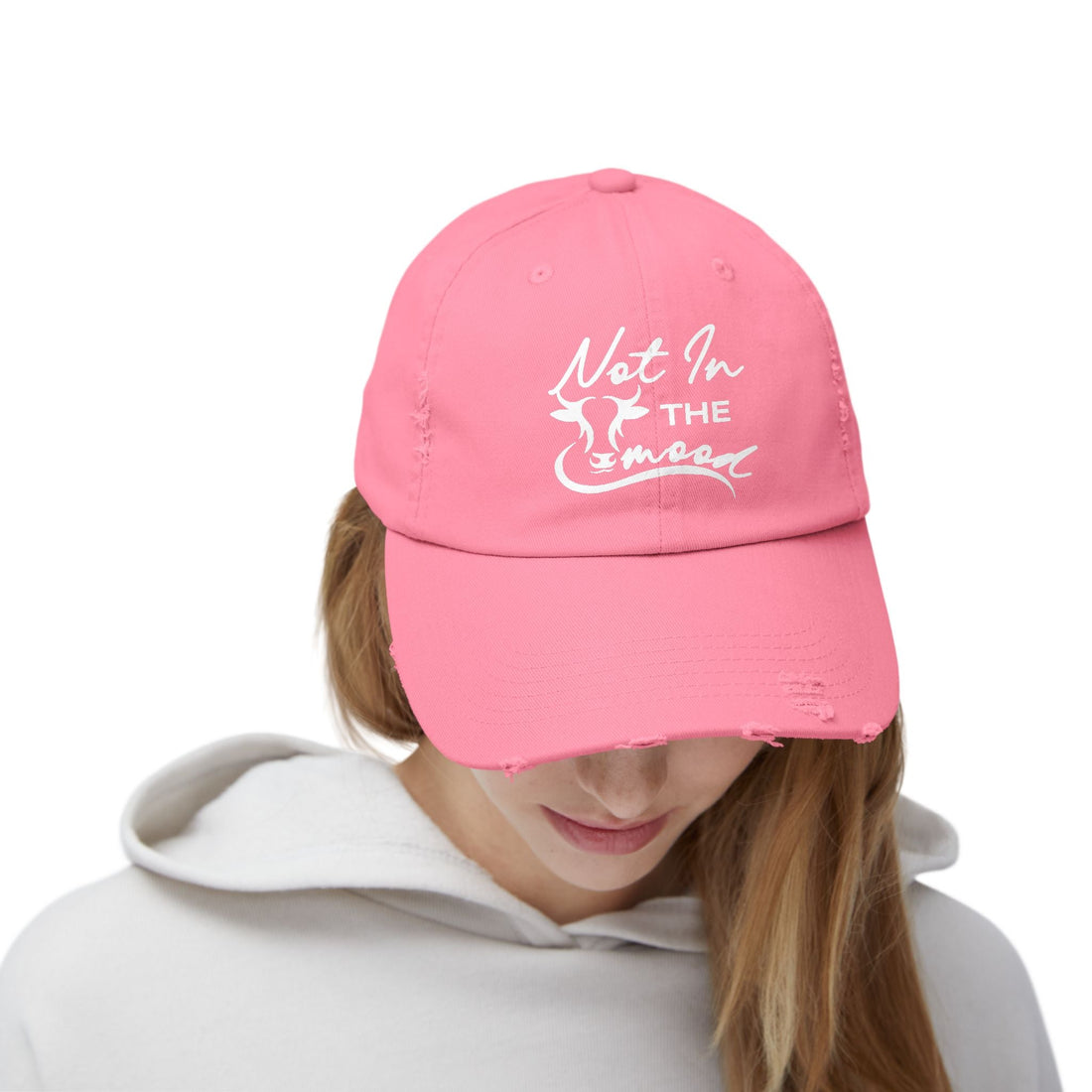 Not In The Mood Unisex Distressed Cap (DTF Print) - Casual Streetwear Hat for Everyday Style - Hats - Positively Sassy - Not In The Mood Unisex Distressed Cap (DTF Print) - Casual Streetwear Hat for Everyday Style