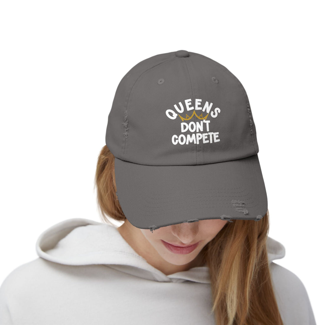 Queens Don't Compete Distressed Cap (DTF Print) - Unisex Black Baseball Hat - Hats - Positively Sassy - Queens Don't Compete Distressed Cap (DTF Print) - Unisex Black Baseball Hat