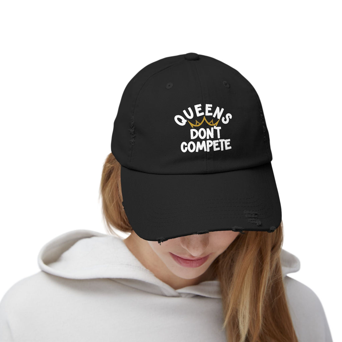 Queens Don't Compete Distressed Cap (DTF Print) - Unisex Black Baseball Hat - Hats - Positively Sassy - Queens Don't Compete Distressed Cap (DTF Print) - Unisex Black Baseball Hat