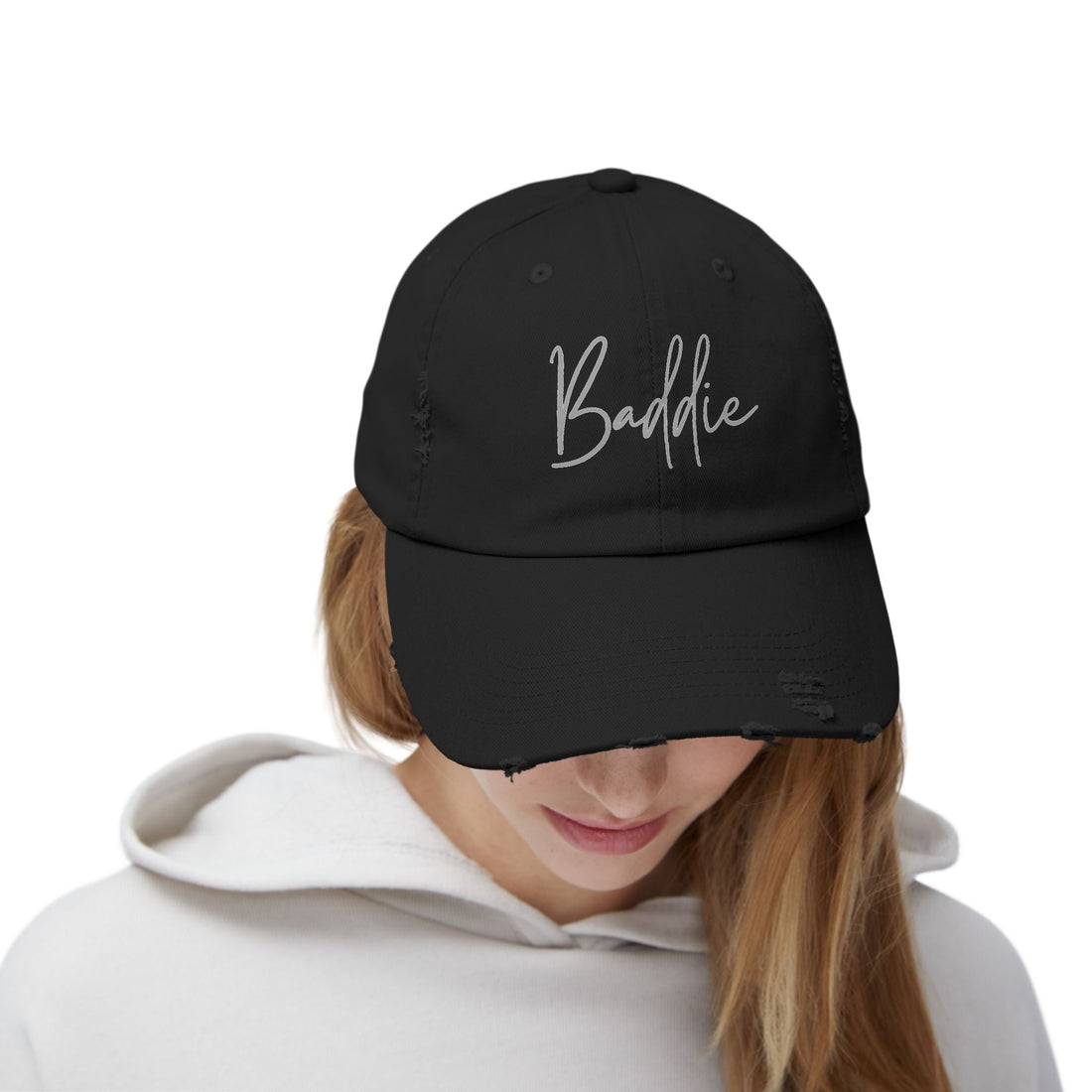 Trendy Unisex Distressed Cap (DTF Print) - 'Baddie' Style for Casual Fashion - Hats - Positively Sassy - Trendy Unisex Distressed Cap (DTF Print) - 'Baddie' Style for Casual Fashion
