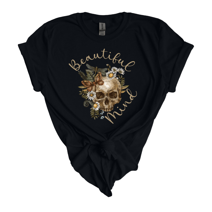 Beautiful Mind Floral Skull T-Shirt, Unisex Graphic Tee, Boho Style Shirt, Gift for Nature Lovers, Halloween Apparel, Casual Wear - T-Shirt - Positively Sassy - Beautiful Mind Floral Skull T-Shirt, Unisex Graphic Tee, Boho Style Shirt, Gift for Nature Lovers, Halloween Apparel, Casual Wear