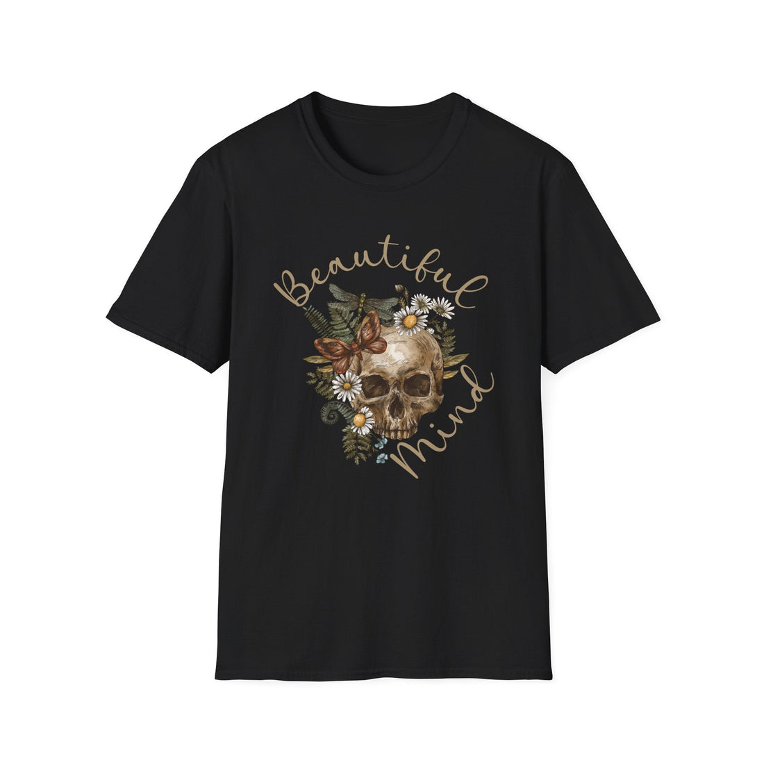 Beautiful Mind Floral Skull T-Shirt, Unisex Graphic Tee, Boho Style Shirt, Gift for Nature Lovers, Halloween Apparel, Casual Wear - T-Shirt - Positively Sassy - Beautiful Mind Floral Skull T-Shirt, Unisex Graphic Tee, Boho Style Shirt, Gift for Nature Lovers, Halloween Apparel, Casual Wear
