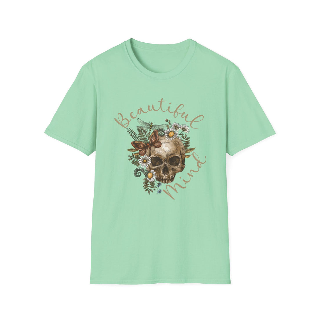 Beautiful Mind Floral Skull T-Shirt, Unisex Graphic Tee, Boho Style Shirt, Gift for Nature Lovers, Halloween Apparel, Casual Wear - T-Shirt - Positively Sassy - Beautiful Mind Floral Skull T-Shirt, Unisex Graphic Tee, Boho Style Shirt, Gift for Nature Lovers, Halloween Apparel, Casual Wear