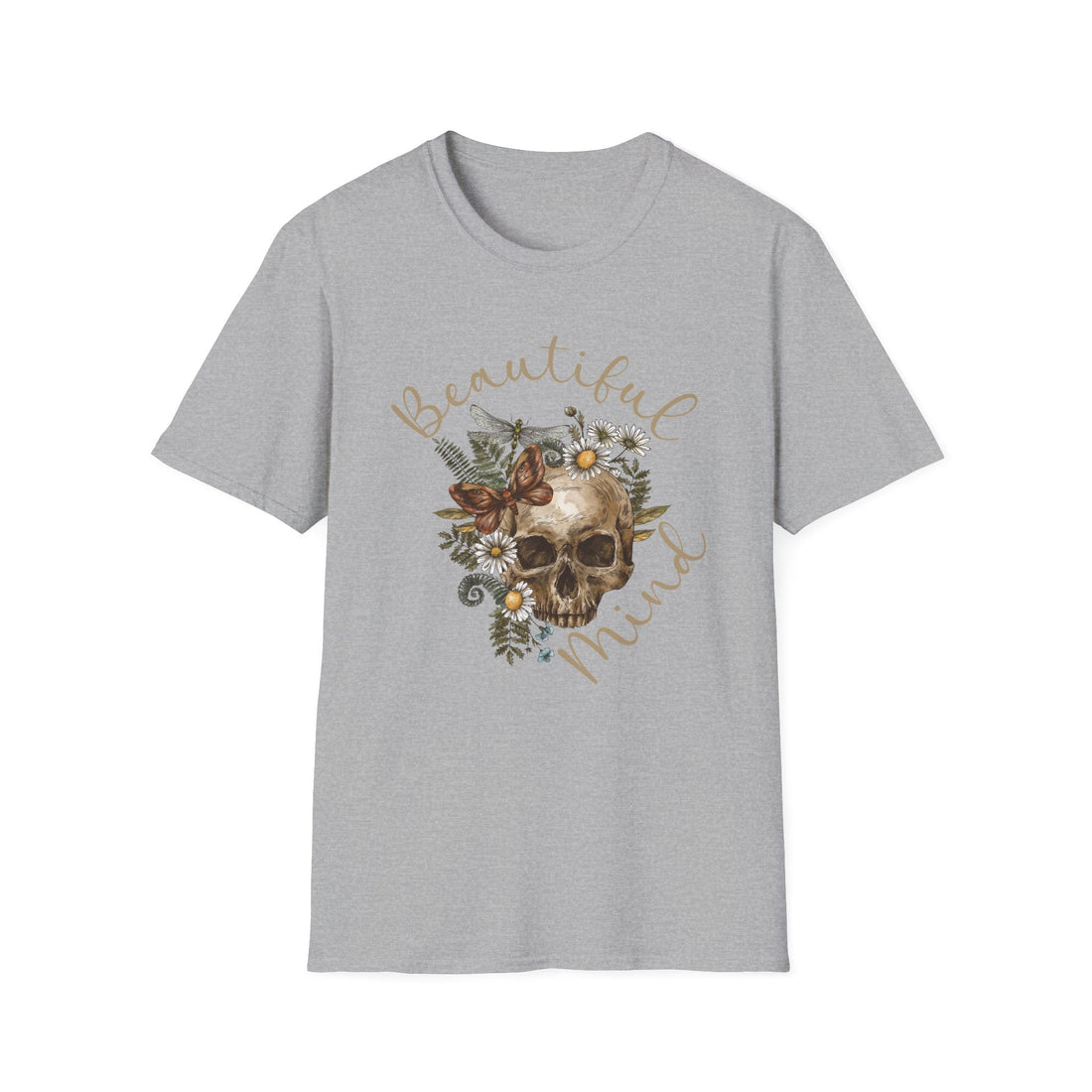 Beautiful Mind Floral Skull T-Shirt, Unisex Graphic Tee, Boho Style Shirt, Gift for Nature Lovers, Halloween Apparel, Casual Wear - T-Shirt - Positively Sassy - Beautiful Mind Floral Skull T-Shirt, Unisex Graphic Tee, Boho Style Shirt, Gift for Nature Lovers, Halloween Apparel, Casual Wear