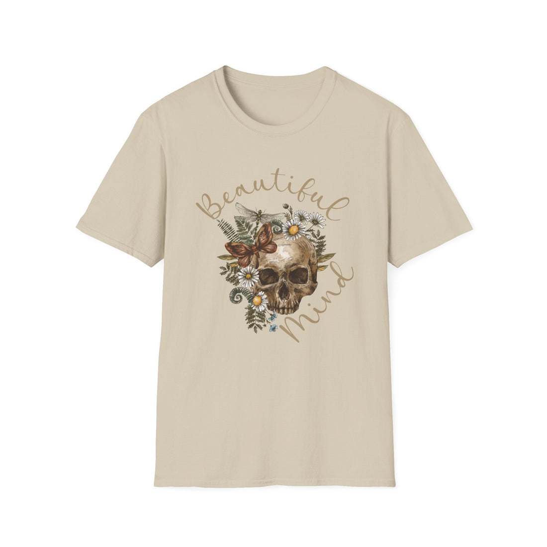 Beautiful Mind Floral Skull T-Shirt, Unisex Graphic Tee, Boho Style Shirt, Gift for Nature Lovers, Halloween Apparel, Casual Wear - T-Shirt - Positively Sassy - Beautiful Mind Floral Skull T-Shirt, Unisex Graphic Tee, Boho Style Shirt, Gift for Nature Lovers, Halloween Apparel, Casual Wear