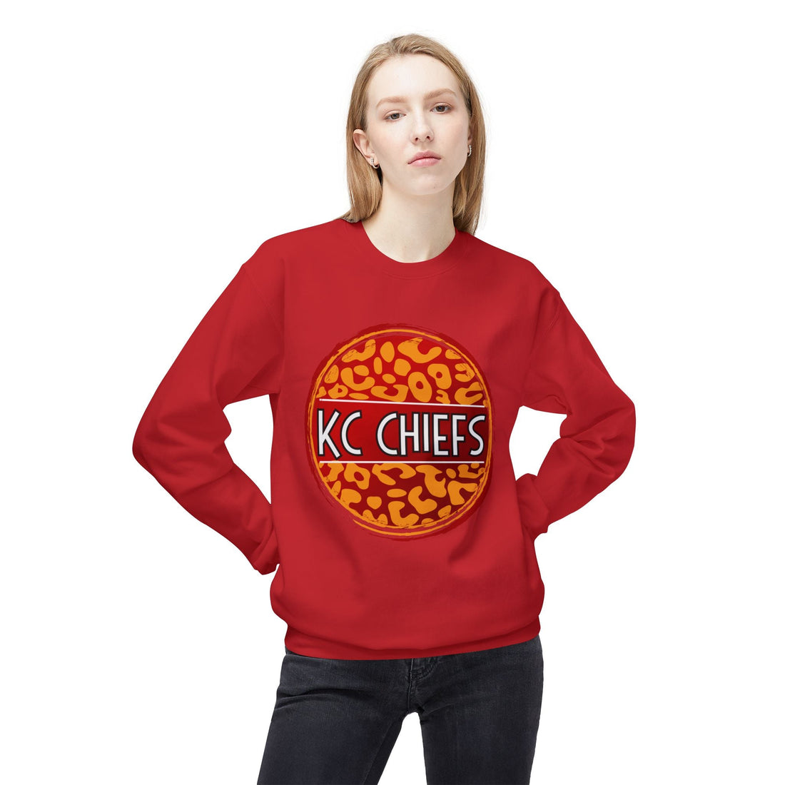 Chiefs Leopard Unisex Midweight Softstyle Fleece Crewneck Sweatshirt - Sweatshirt - Positively Sassy - Chiefs Leopard Unisex Midweight Softstyle Fleece Crewneck Sweatshirt