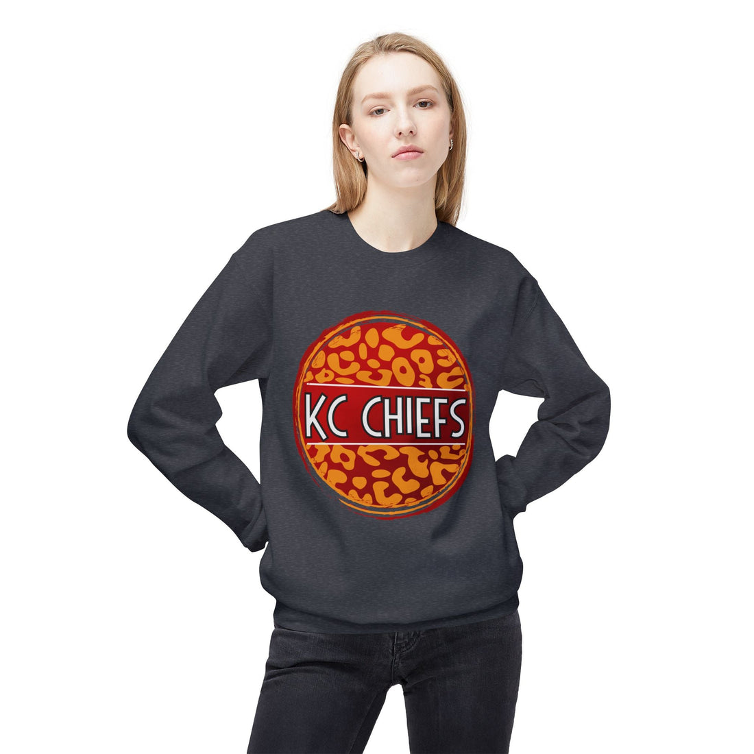 Chiefs Leopard Unisex Midweight Softstyle Fleece Crewneck Sweatshirt - Sweatshirt - Positively Sassy - Chiefs Leopard Unisex Midweight Softstyle Fleece Crewneck Sweatshirt