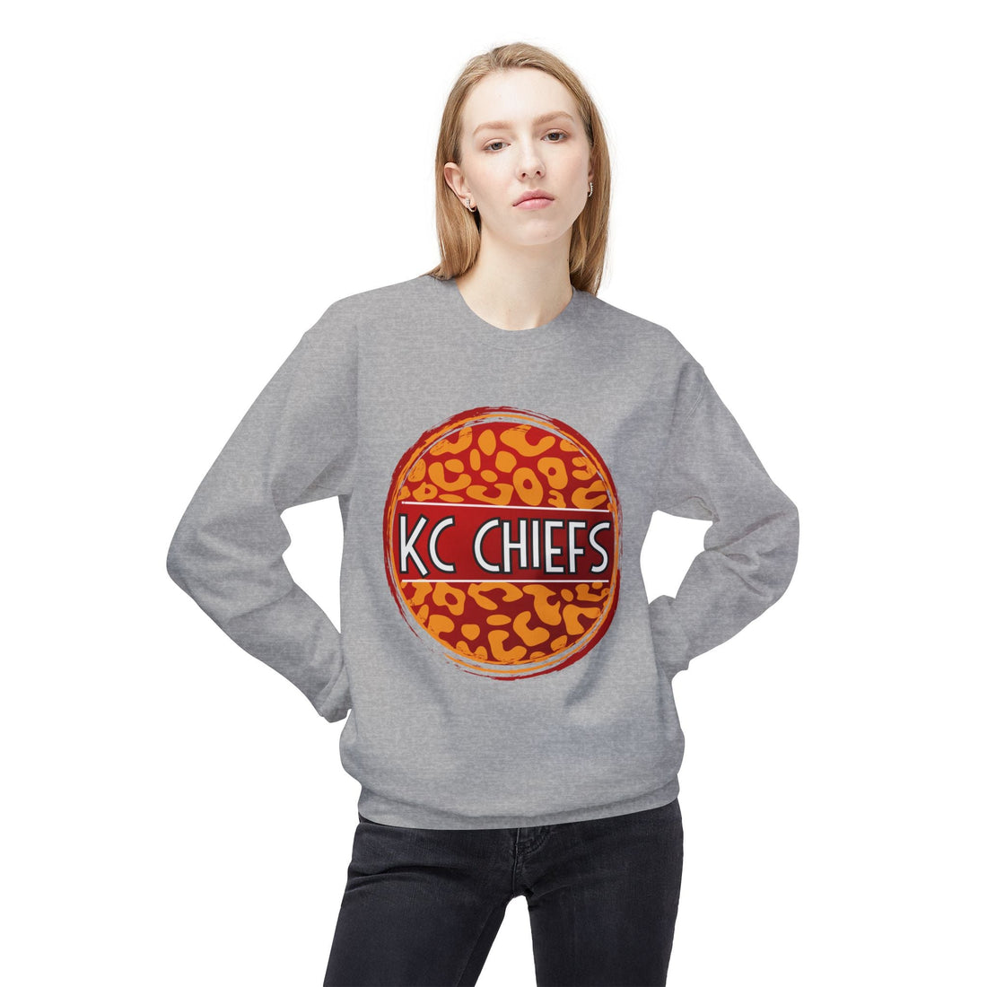 Chiefs Leopard Unisex Midweight Softstyle Fleece Crewneck Sweatshirt - Sweatshirt - Positively Sassy - Chiefs Leopard Unisex Midweight Softstyle Fleece Crewneck Sweatshirt