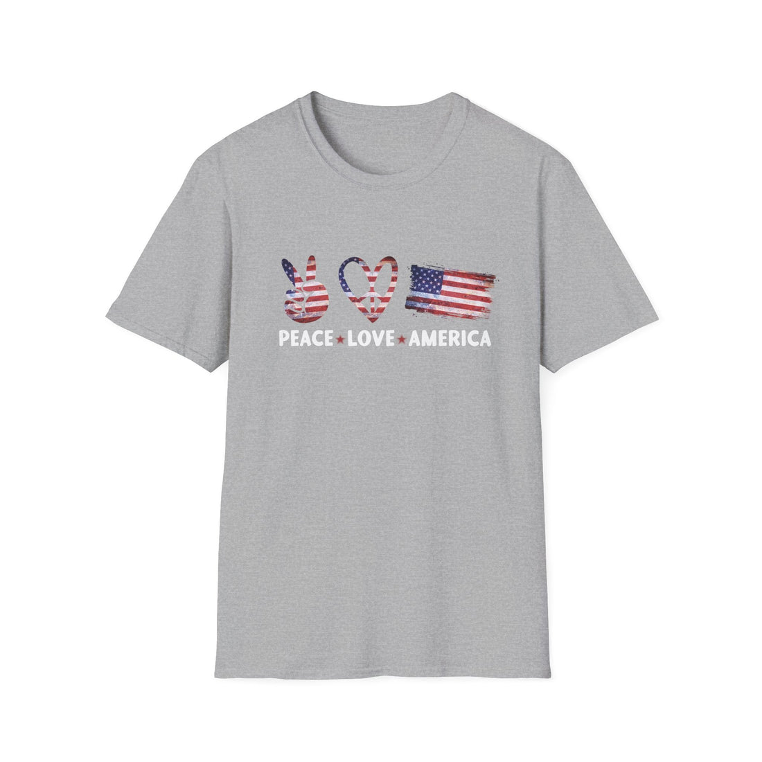 Patriotic Peace & Love T-Shirt, Unisex Tee, Casual Wear, American Flag Shirt, Great for Independence Day, Gifts for Him/Her - T-Shirt - Positively Sassy - Patriotic Peace & Love T-Shirt, Unisex Tee, Casual Wear, American Flag Shirt, Great for Independence Day, Gifts for Him/Her