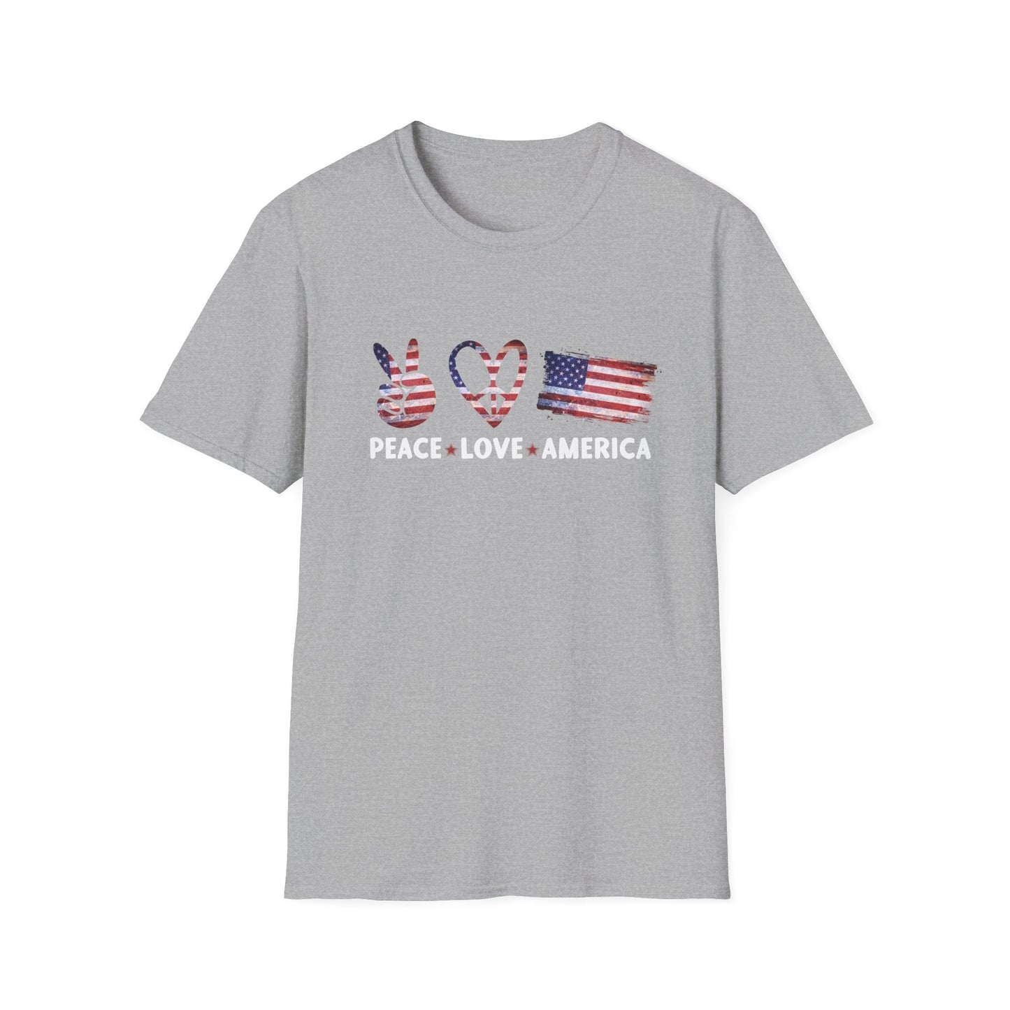 Patriotic Peace & Love T-Shirt, Unisex Tee, Casual Wear, American Flag Shirt, Great for Independence Day, Gifts for Him/Her - T-Shirt - Positively Sassy - Patriotic Peace & Love T-Shirt, Unisex Tee, Casual Wear, American Flag Shirt, Great for Independence Day, Gifts for Him/Her