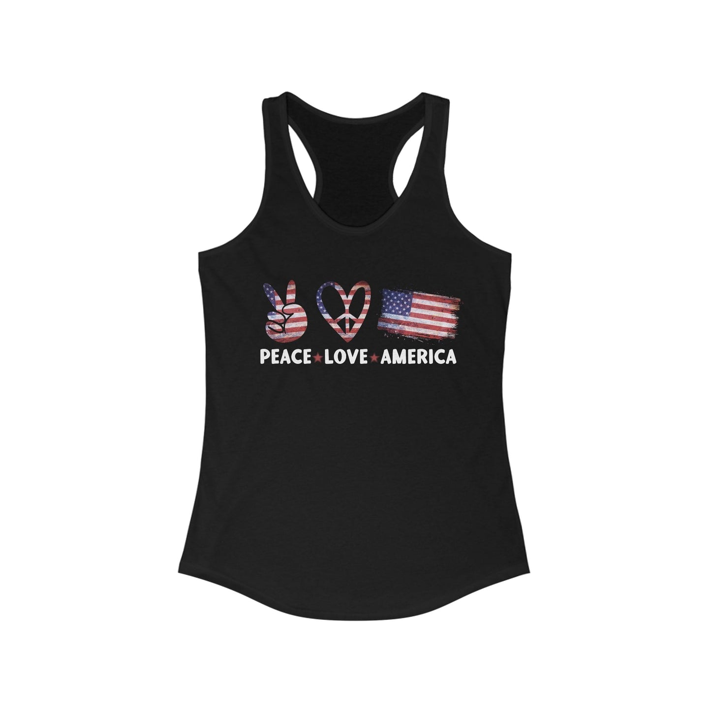 Peace, Love, America Racerback Tank - Patriotic Women's Athletic Shirt for Summer, 4th of July, Casual Party, Gifts - Tank Top - Positively Sassy - Peace, Love, America Racerback Tank - Patriotic Women's Athletic Shirt for Summer, 4th of July, Casual Party, Gifts